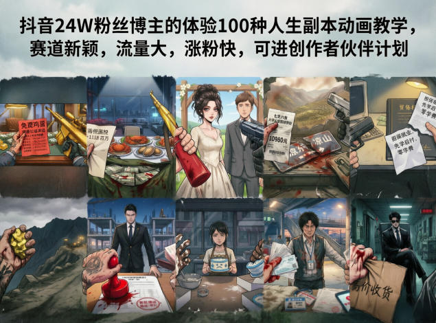 抖音24W粉丝博主的体验100种人生副本动画教学，赛道新颖，流量大，涨粉快，可进创作者伙伴计划-吉井万事屋资源网